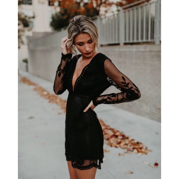 black long sleeve plunge dress